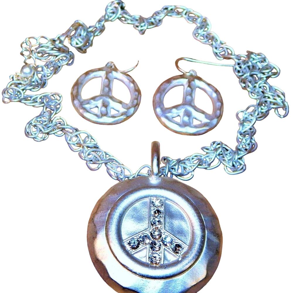 Hammered & Rhinestone Peace Necklace & Earring Set